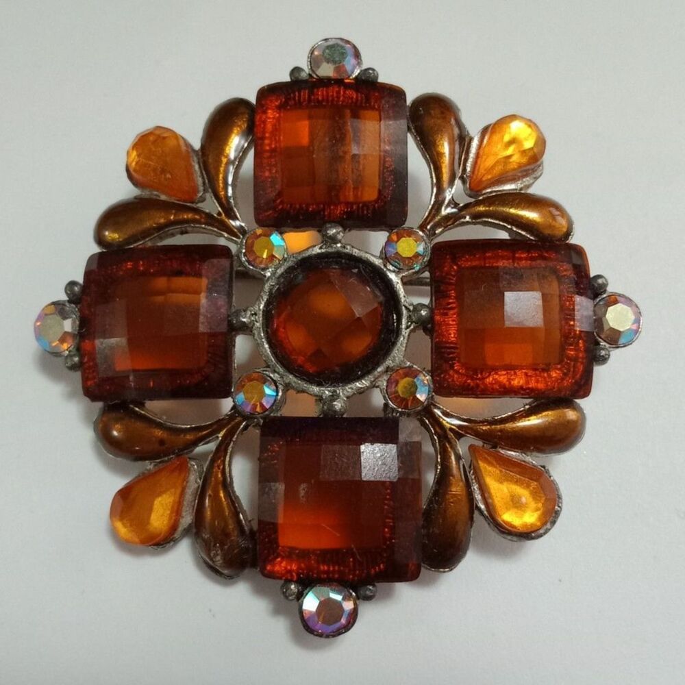 Vintage Rhinestone Brooch Pendant Copper Aurora Borealis Rhinestones